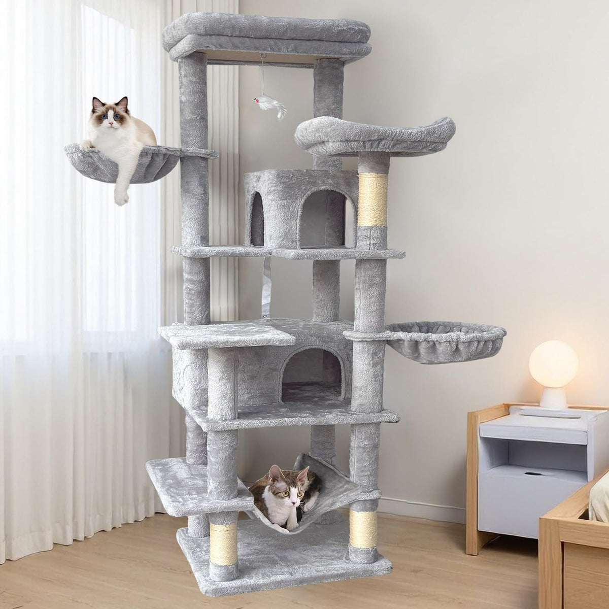 68 Inches Tall Multi-Level Cat Tree with Hammock and Light Gray T928