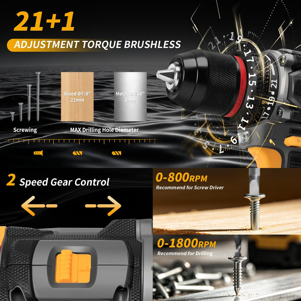 Cordless Drill Set 21V Brushless with 2 x 2.0Ah Battery N1933