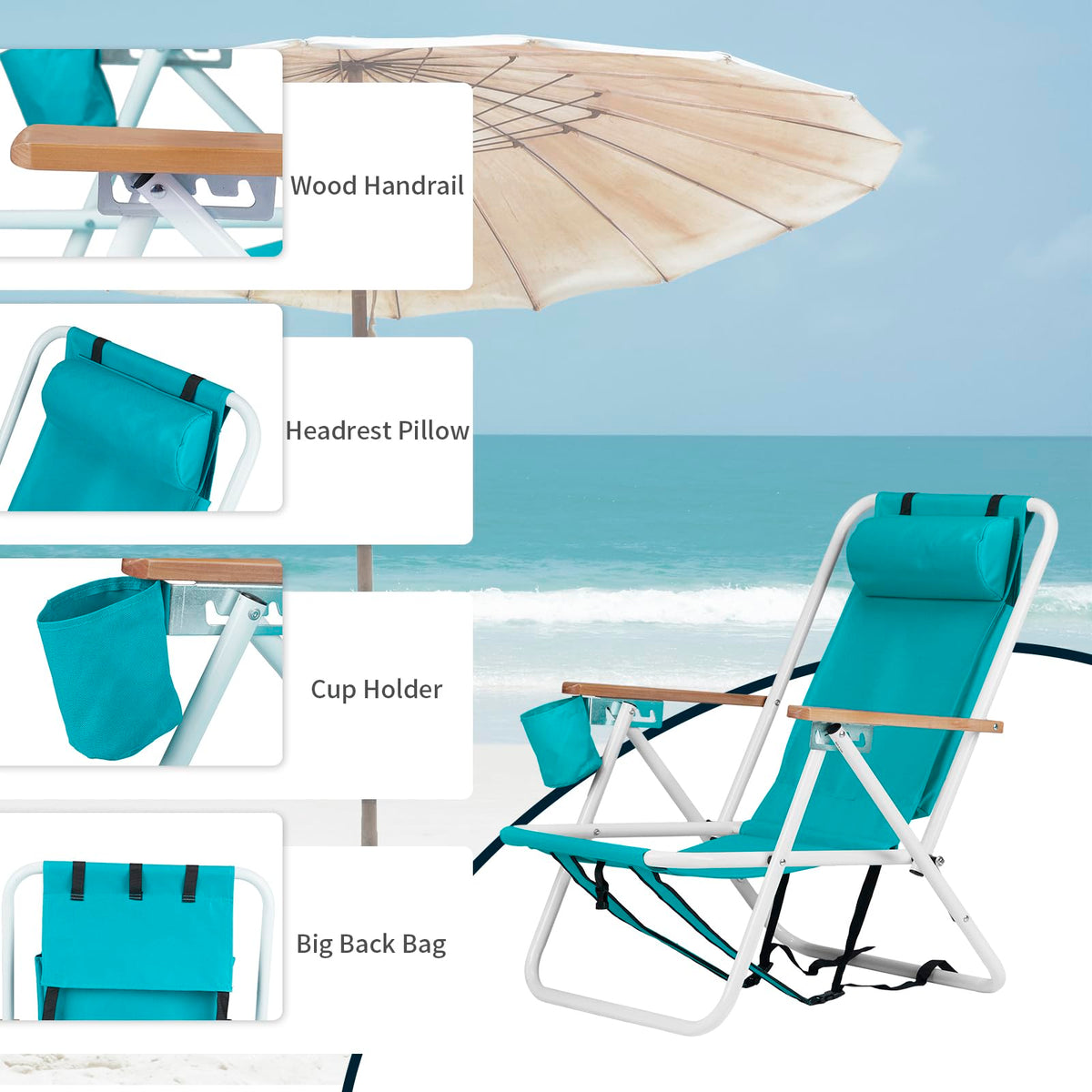 2 Pack Green Portable Folding Beach Chair with Cup Holder K8229
