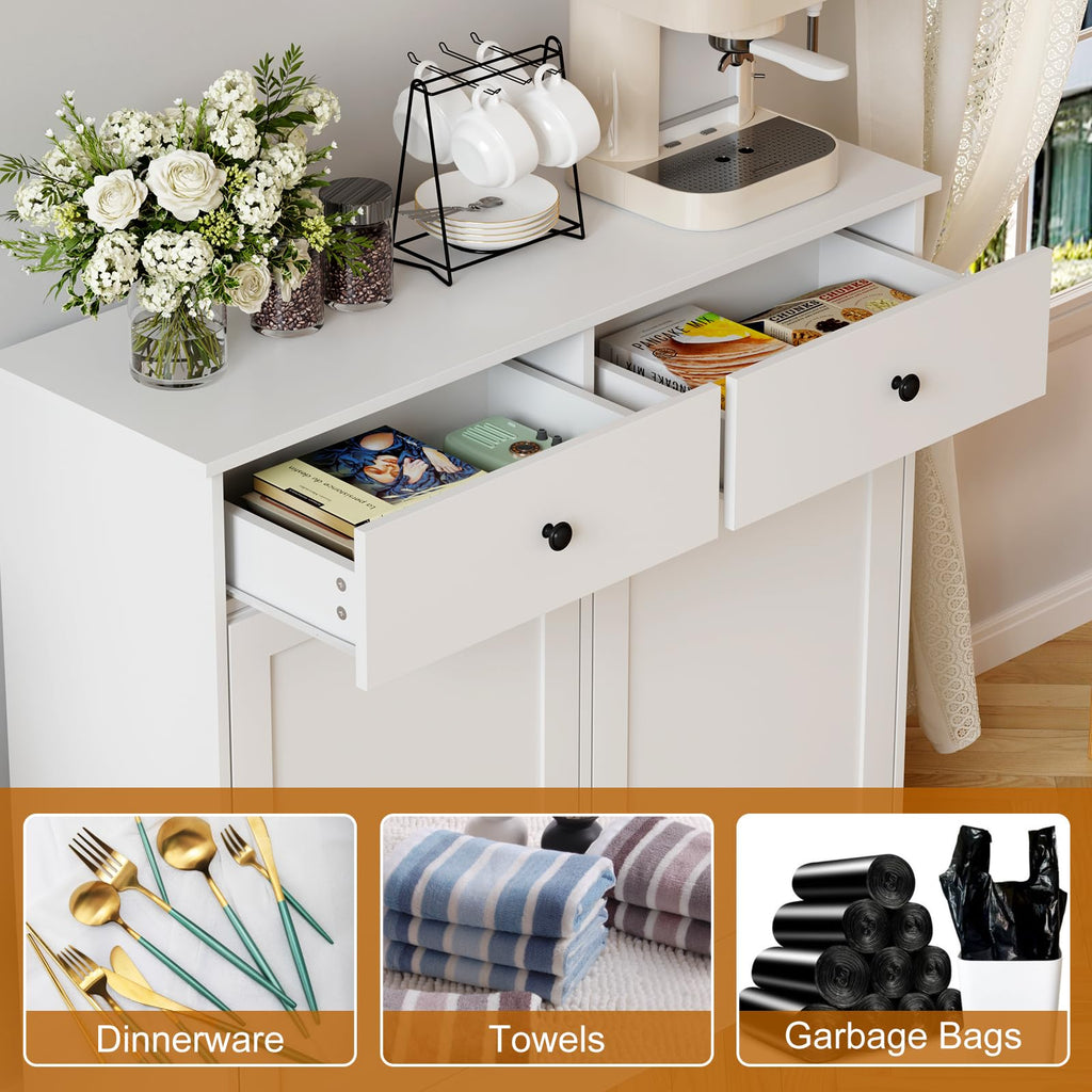 White 20 Gallons Wooden Tilt Out Trash Can Cabinet with 2 Drawers J3654
