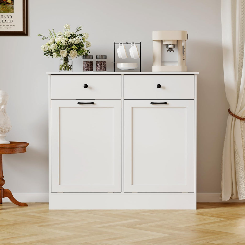 White 20 Gallons Wooden Tilt Out Trash Can Cabinet with 2 Drawers J3654