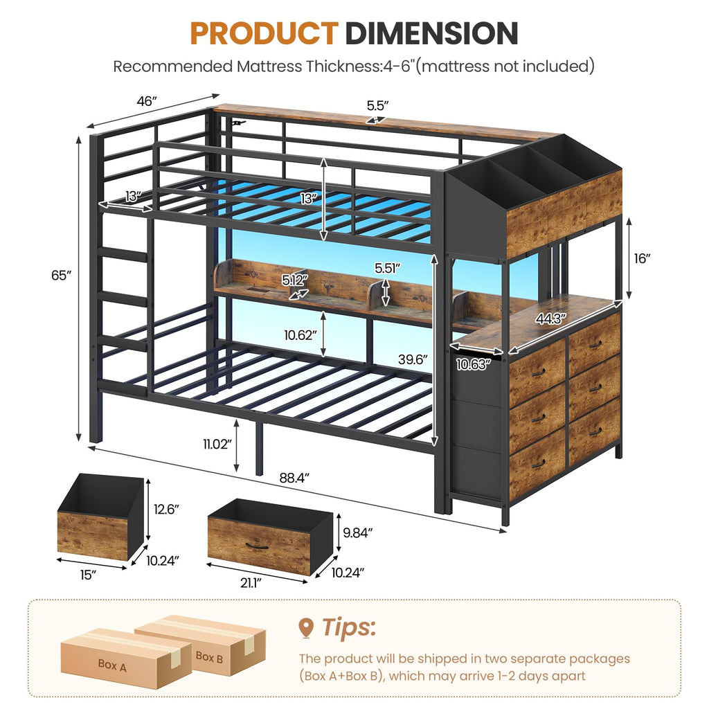 Twin Over Twin Metal Bunk Bed with 6 Storage Drawers, Led Lights and Charging Station, Black K7459