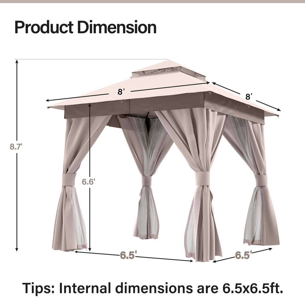 8x8 Outdoor Gazebo with Curtains, Netting & Double Roof I332