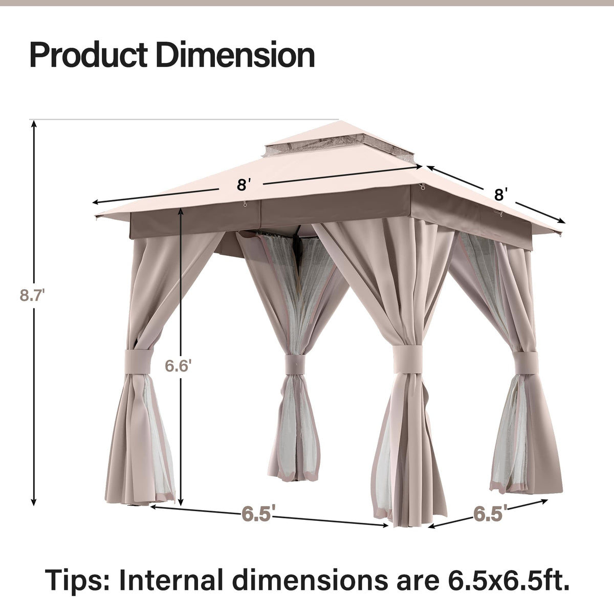 8x8 Outdoor Gazebo with Curtains, Netting & Double Roof I332