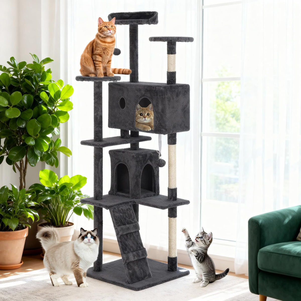 70 Inch Dark Gray Multi-Level Cat Tree with Condo Y219858