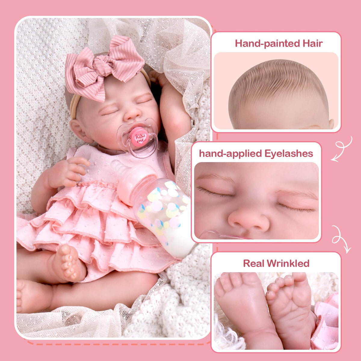 20'' Realistic Sleeping Newborn Girl Doll in Pink Dress D99243