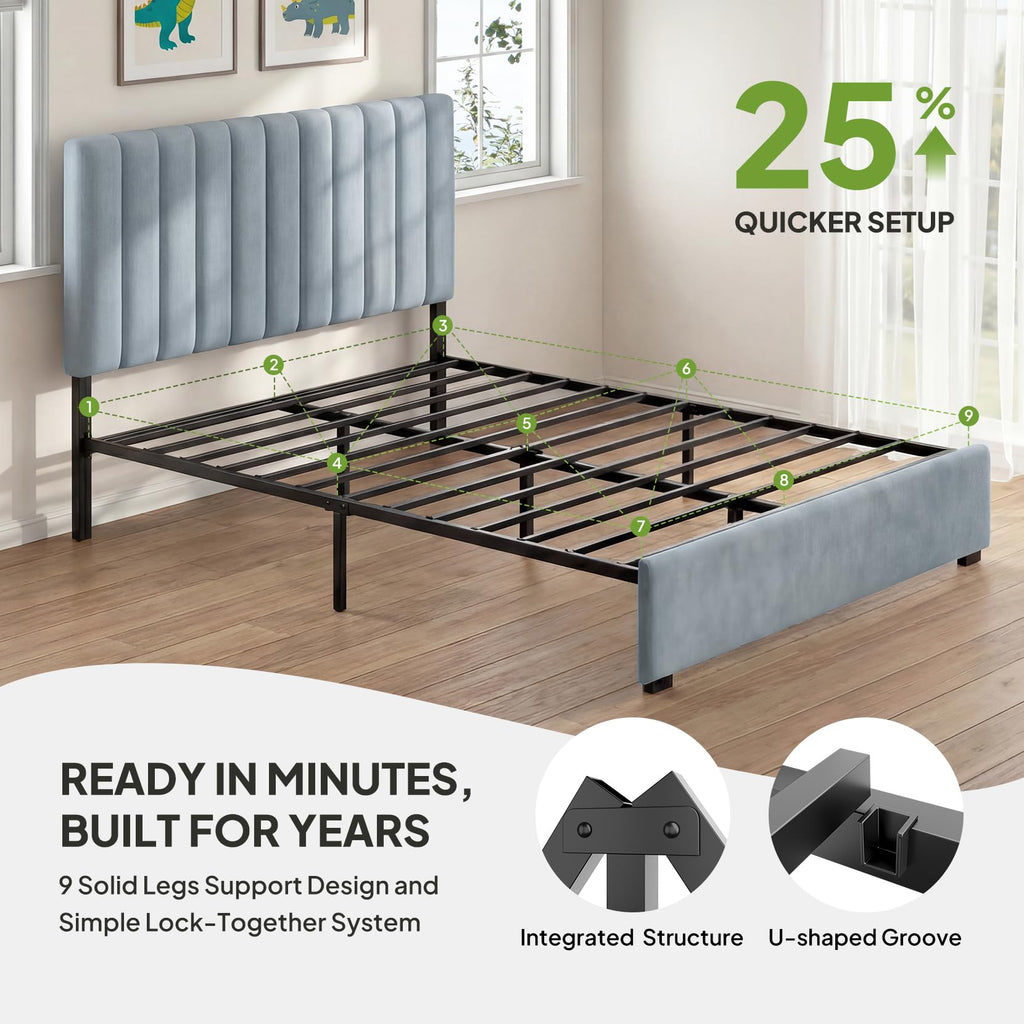 Full Size Blue Velvet Upholstered Bed Frame N600