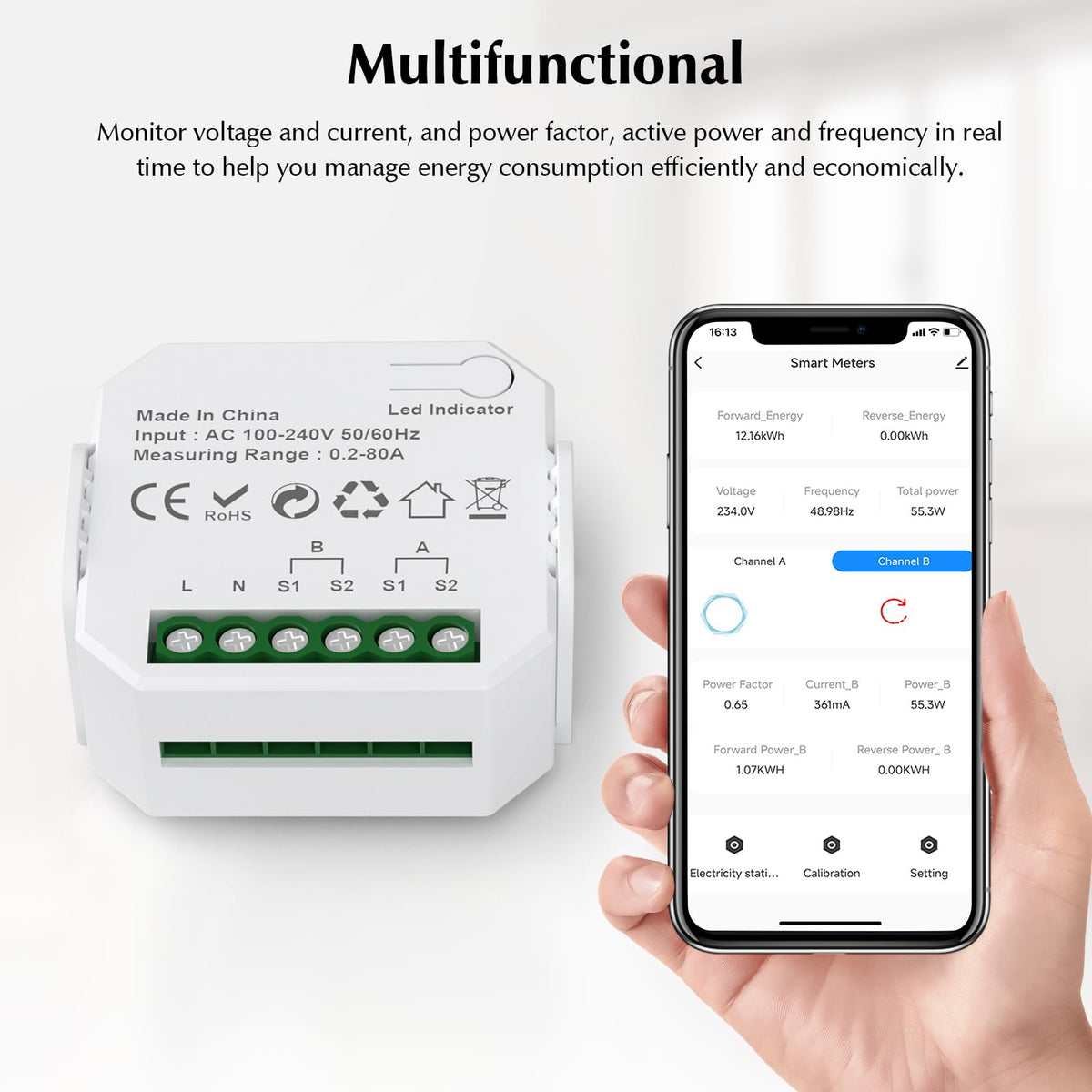 1-Channel WiFi Power Meter 80A Smart Energy Monitor D2687