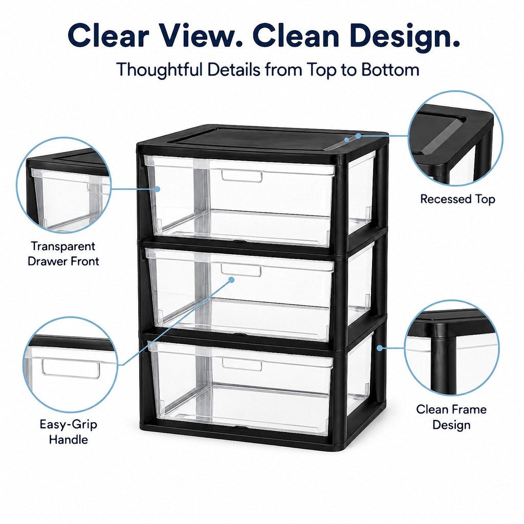 Black 3 Drawer Plastic Storage Tower with Clear Bins N26083
