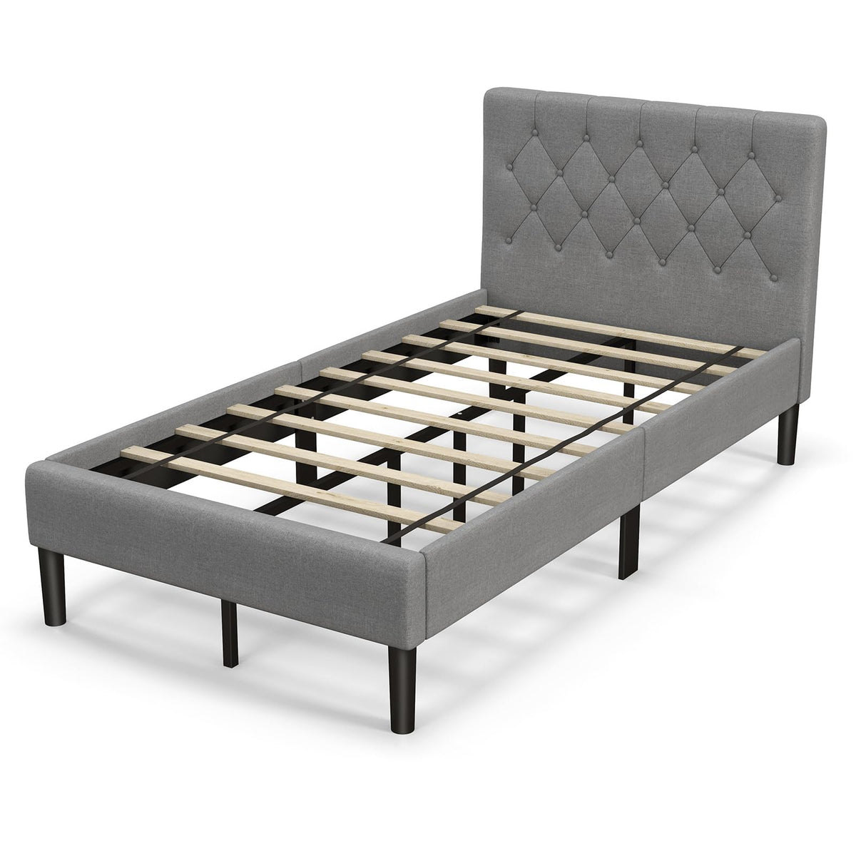 Grey Twin Upholstered Platform Bed with Headboard X12488