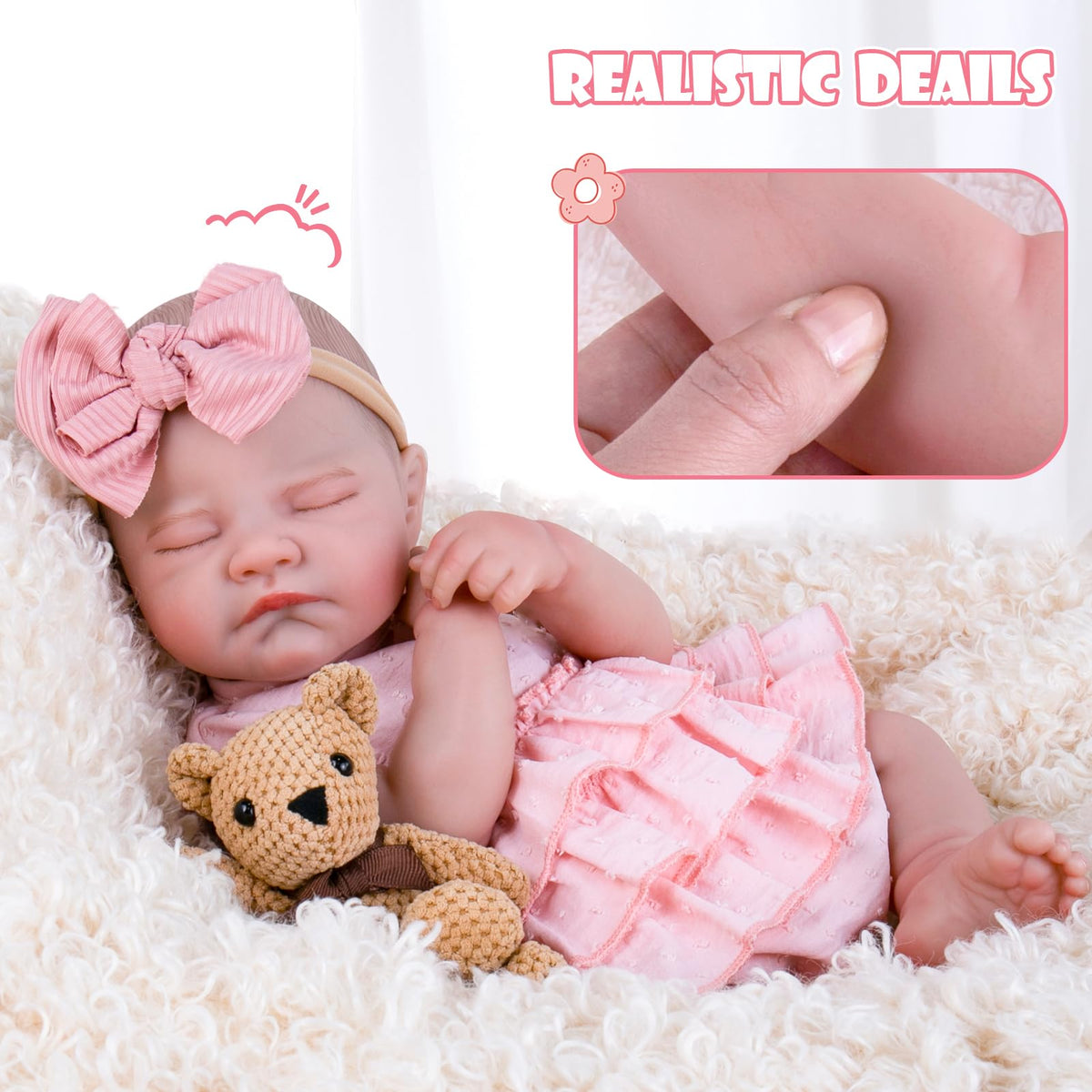 20'' Realistic Sleeping Newborn Girl Doll in Pink Dress D99243