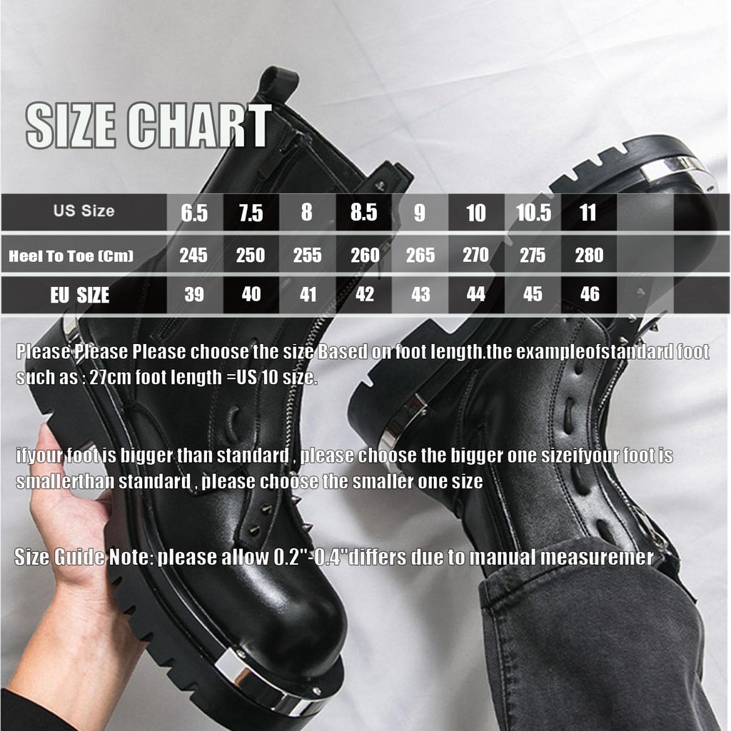 Men'S Leather Chunky Heel Motorcycle Boots With Front Zipper Round Toe Non-Slip Lug Sole Platform Ankle Boots E9569