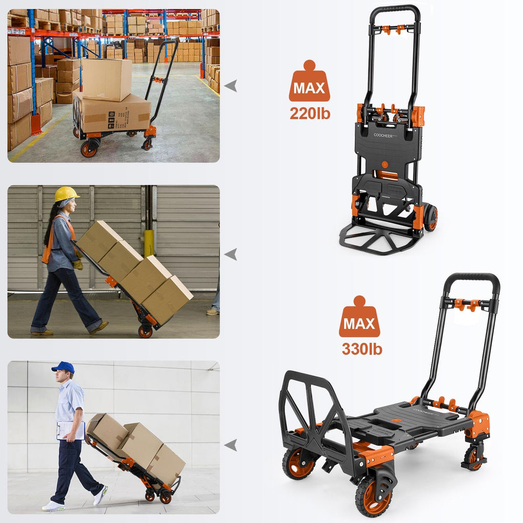 Folding Hand Truck Dolly, 330lb 4 to 2 Wheel Moving Cart, Orange F69115