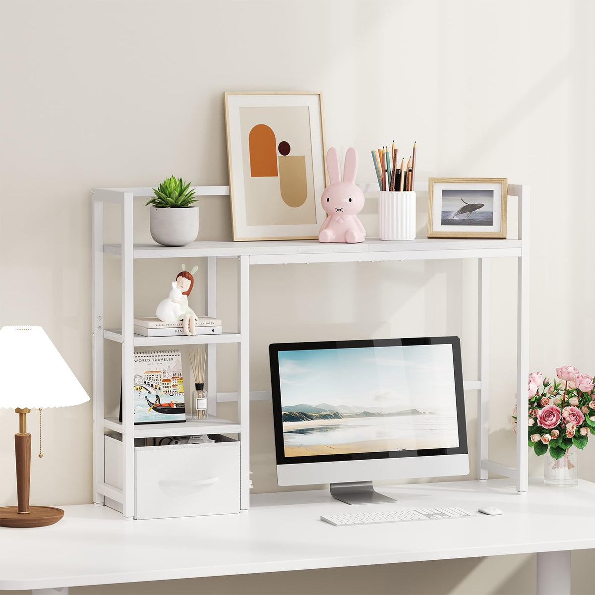 White Wood Desk Shelf with Drawer D319