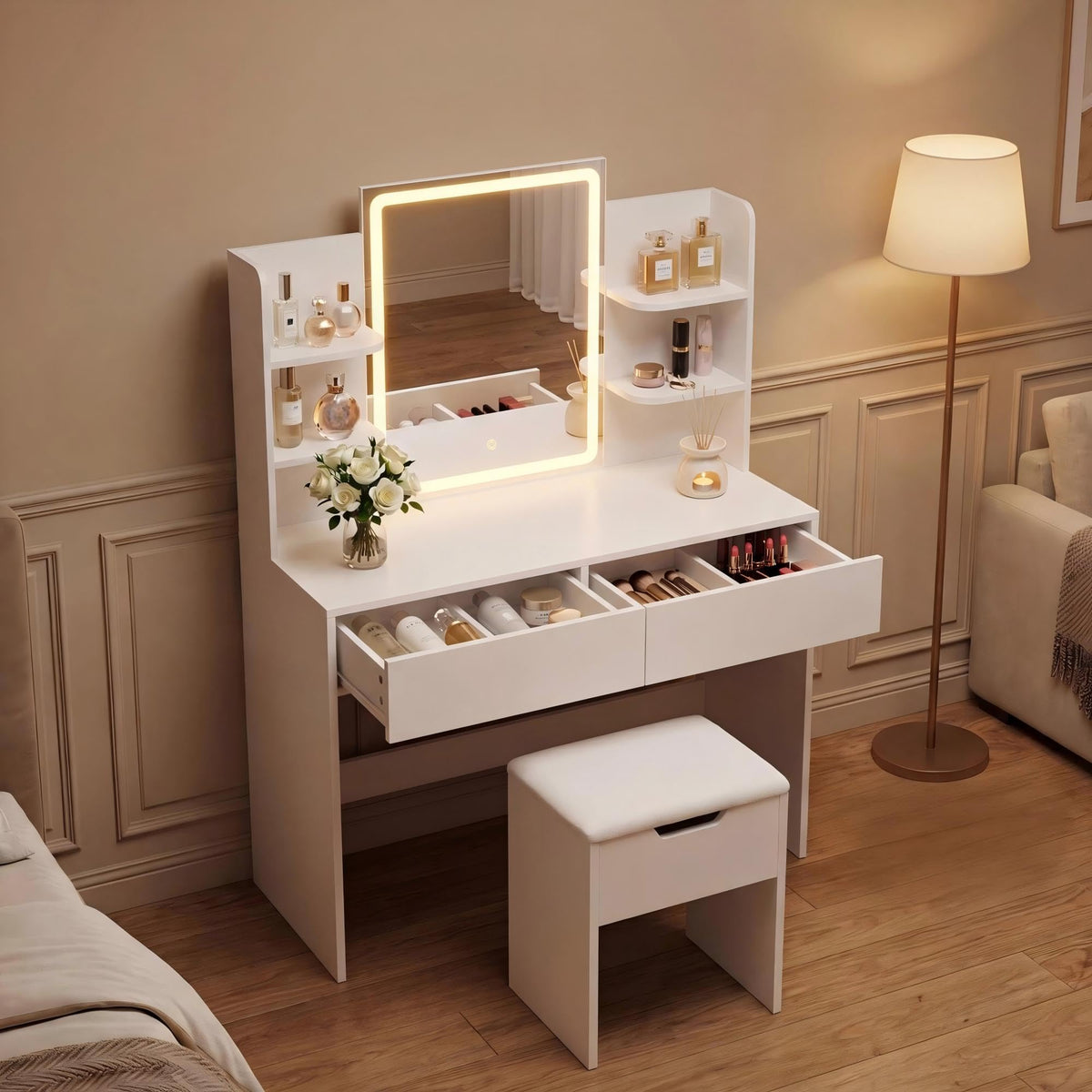 White Vanity Desk Set with LED Mirror P2588