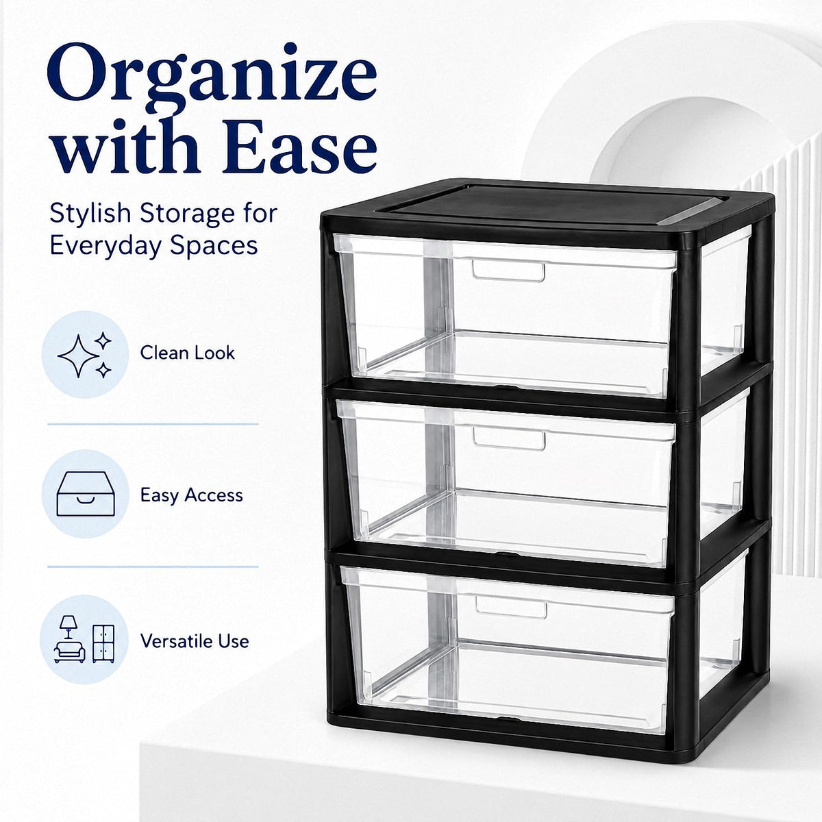Black 3 Drawer Plastic Storage Tower with Clear Bins N26083