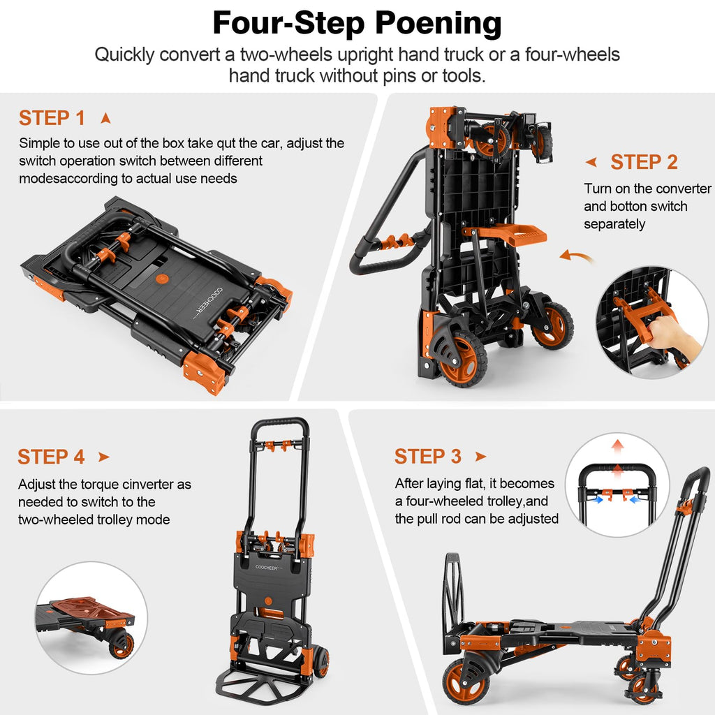 Folding Hand Truck Dolly, 330lb 4 to 2 Wheel Moving Cart, Orange F69115