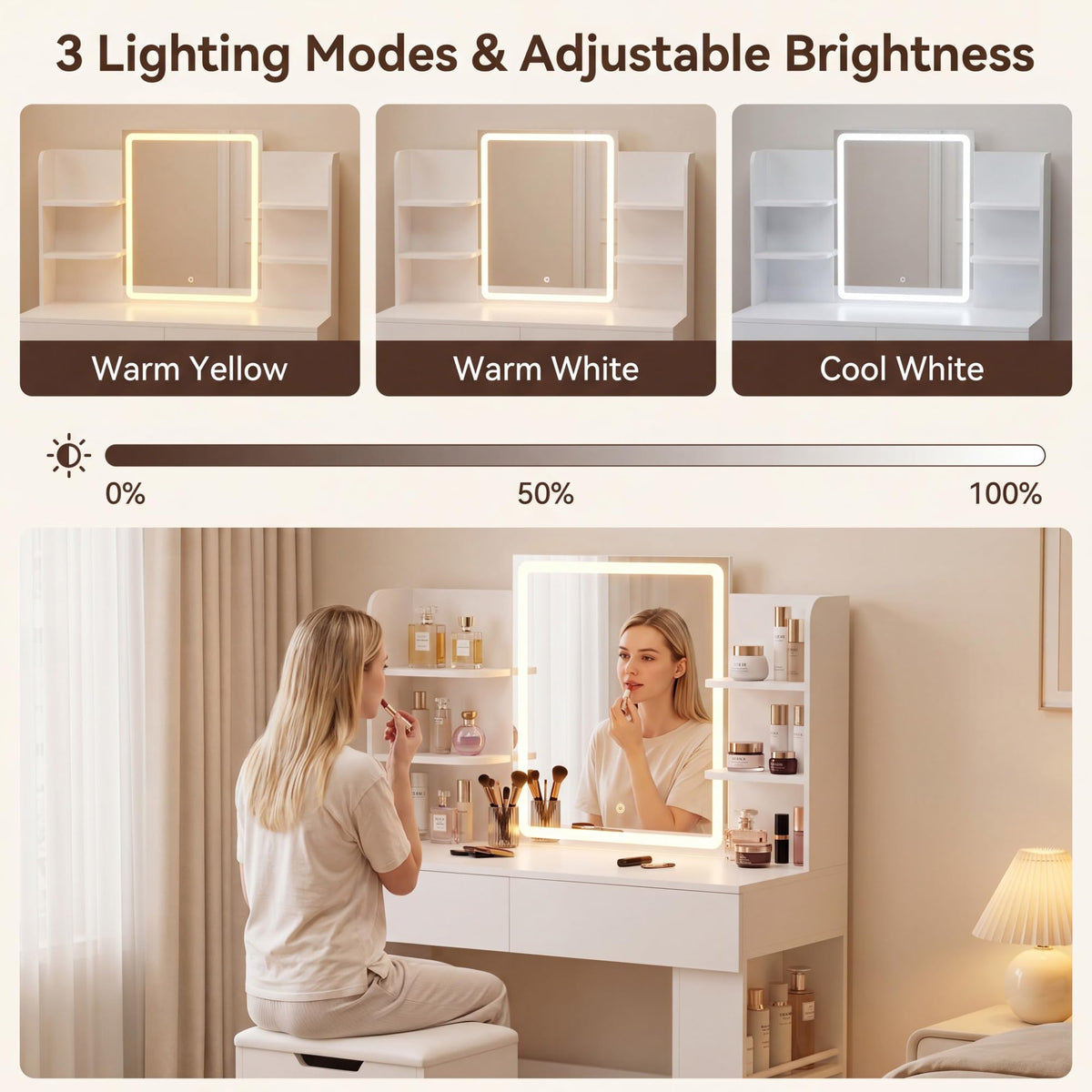 White Vanity Desk Set with LED Mirror P2588