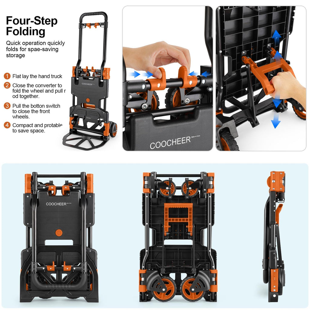 Folding Hand Truck Dolly, 330lb 4 to 2 Wheel Moving Cart, Orange F69115