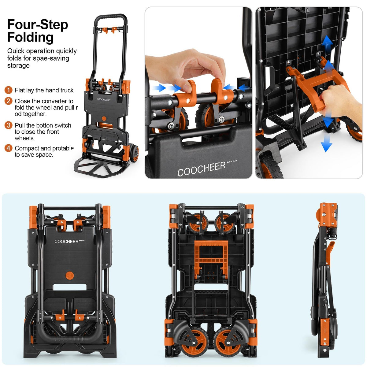Folding Hand Truck Dolly, 330lb 4 to 2 Wheel Moving Cart, Orange F69115