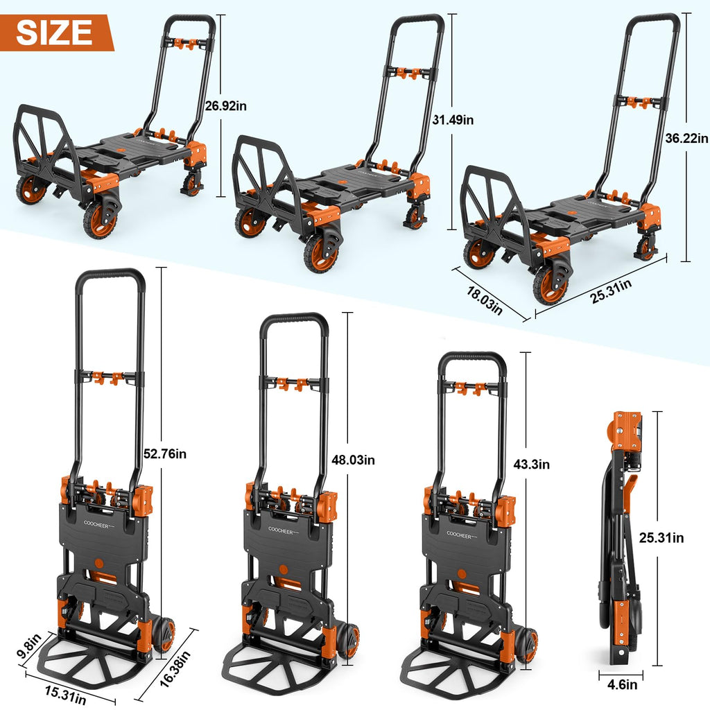 Folding Hand Truck Dolly, 330lb 4 to 2 Wheel Moving Cart, Orange F69115