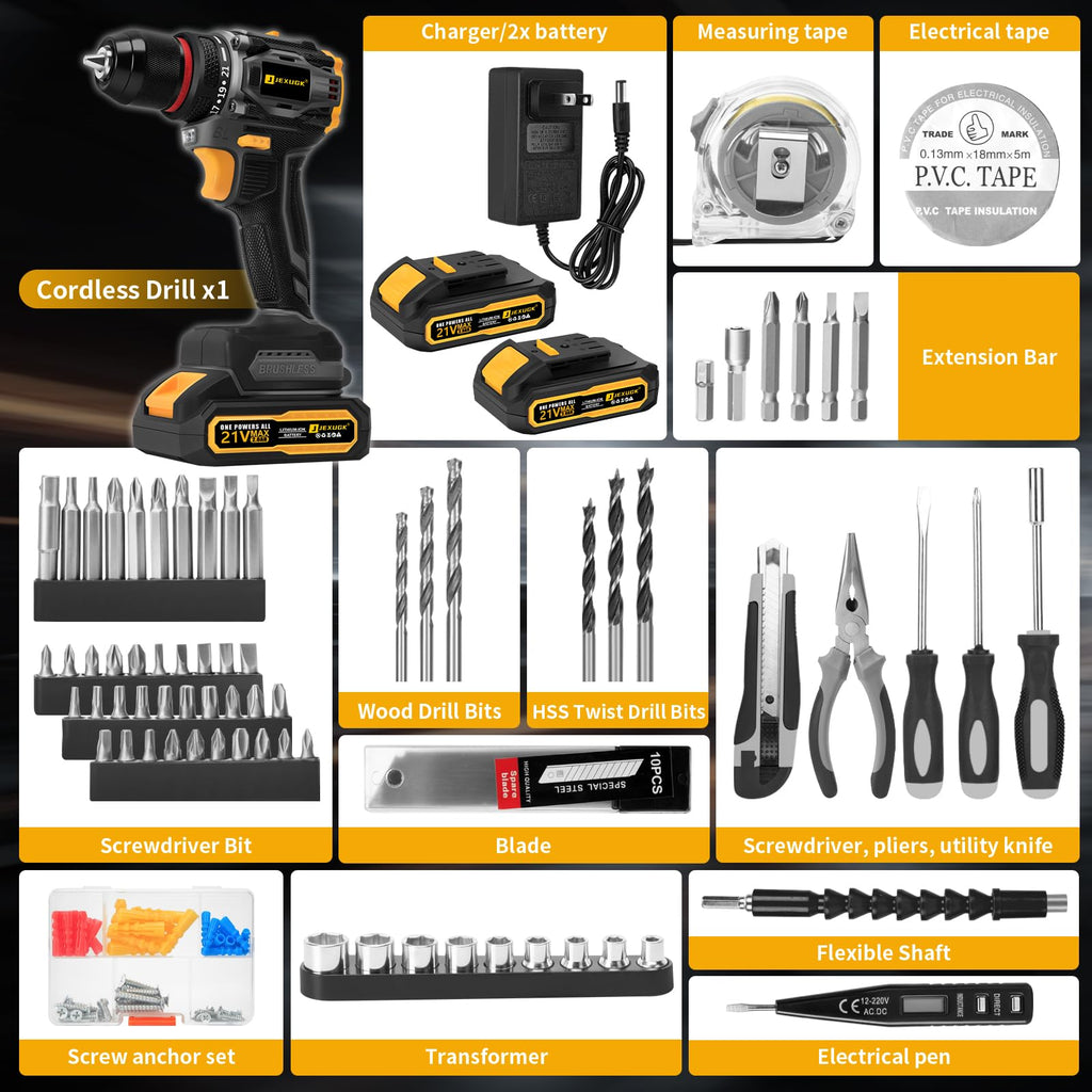 Cordless Drill Set 21V Brushless with 2 x 2.0Ah Battery N1933