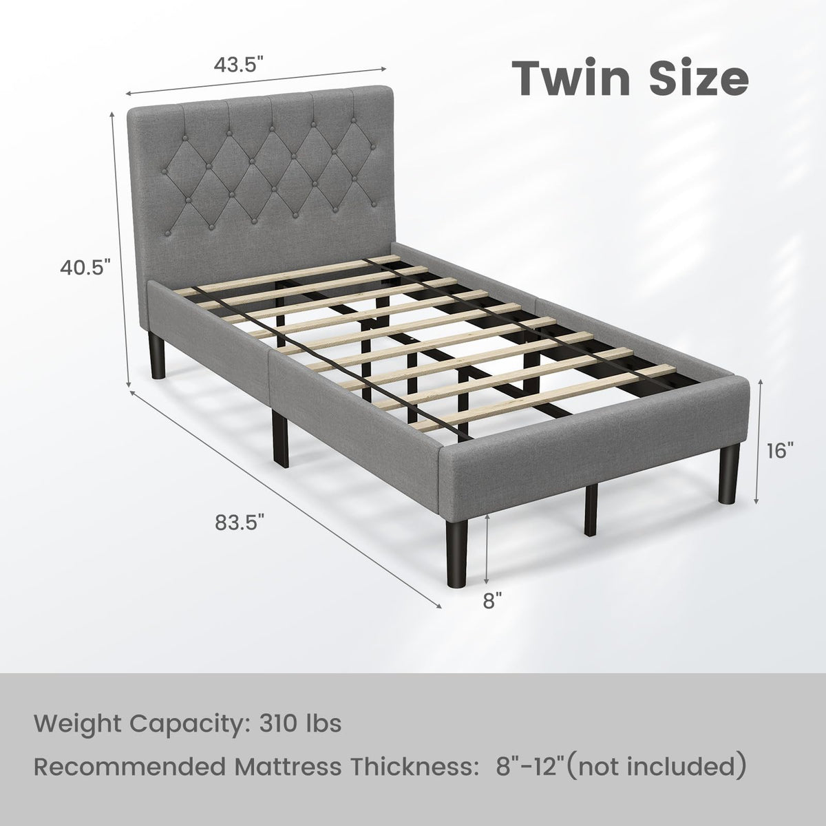 Grey Twin Upholstered Platform Bed with Headboard X12488