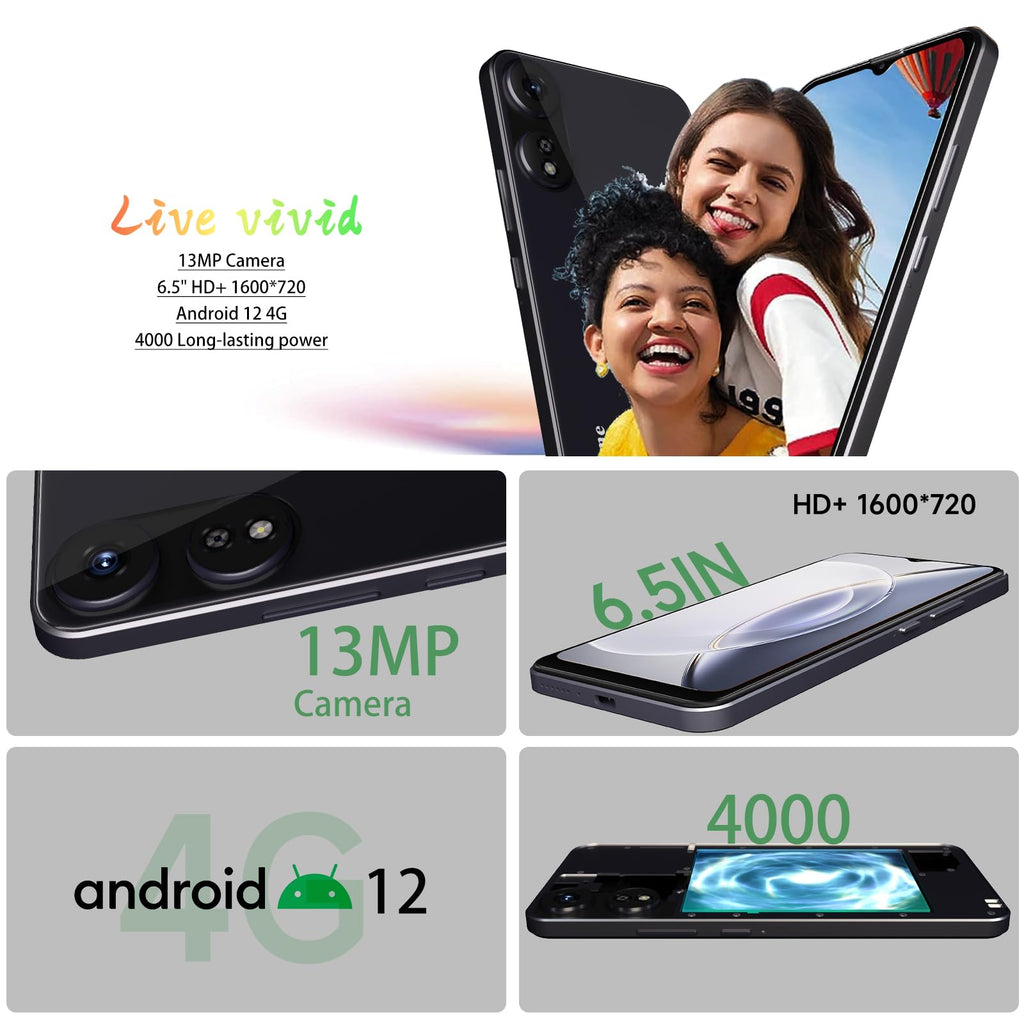 4G LTE Unlocked Cell Phone 6.5” HD+ Screen 3GB RAM Android 12 13MP Dual SIM Black Z941964