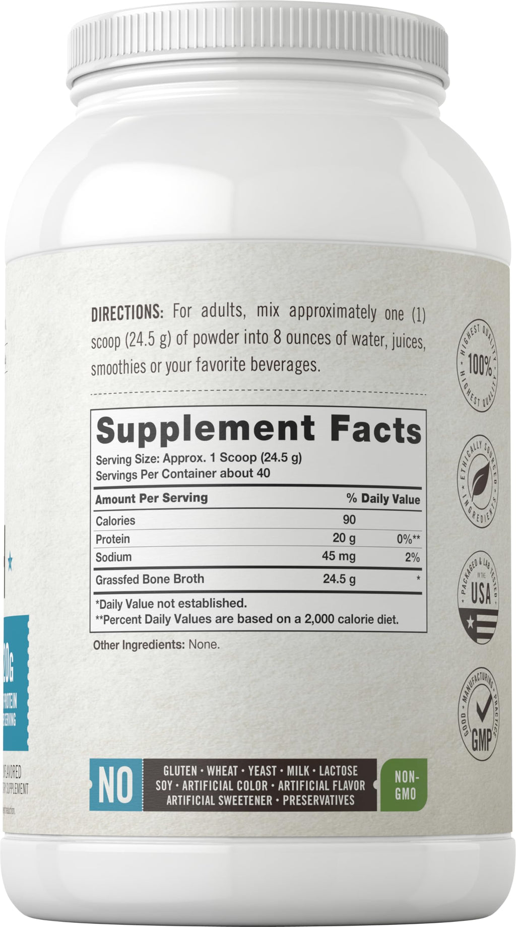 Grass Fed Bone Broth Protein Powder 35.2 oz 20g Protein Non-GMO Gluten Free J931