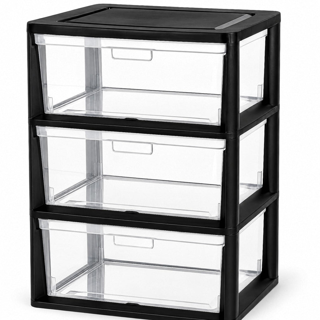 Black 3 Drawer Plastic Storage Tower with Clear Bins N26083
