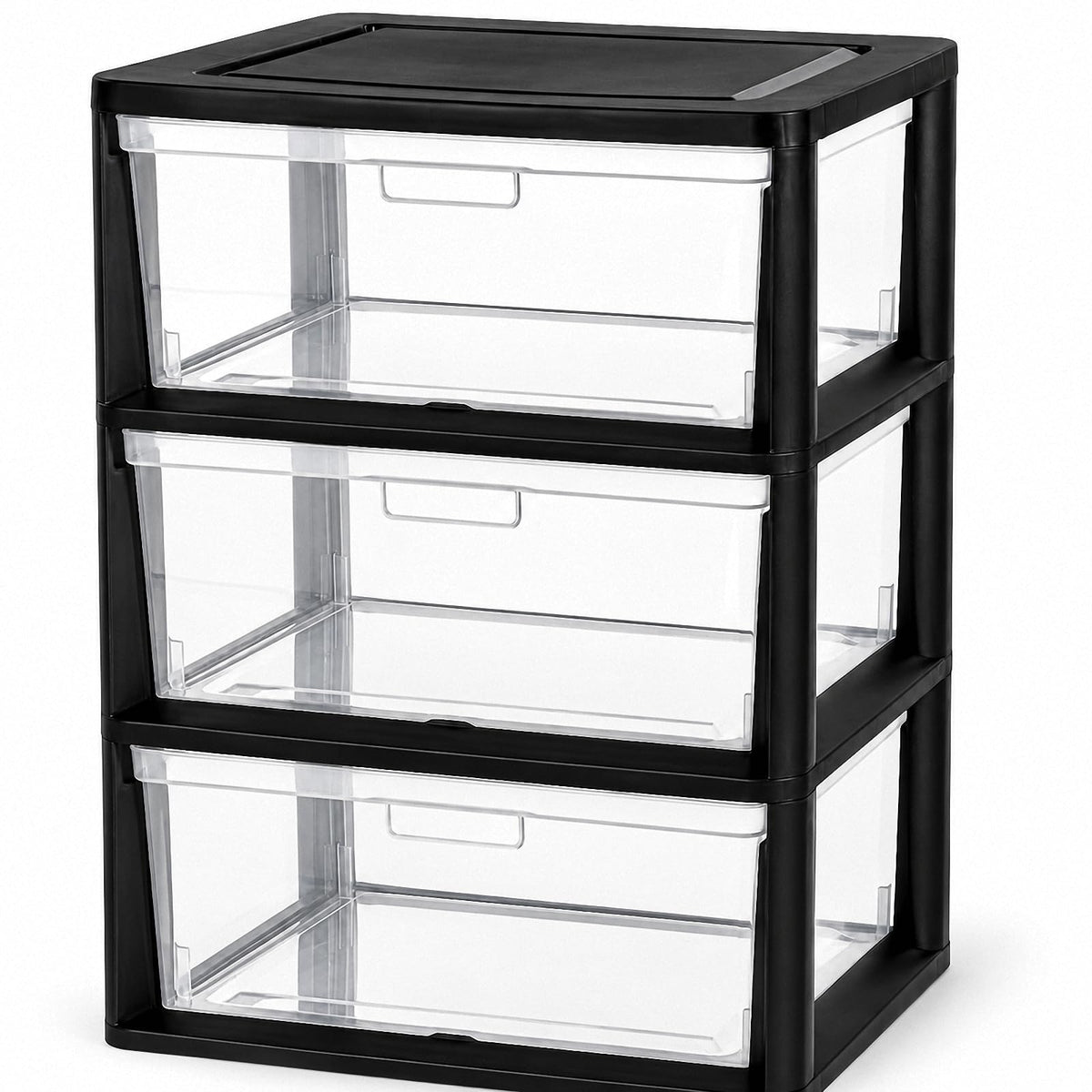Black 3 Drawer Plastic Storage Tower with Clear Bins N26083