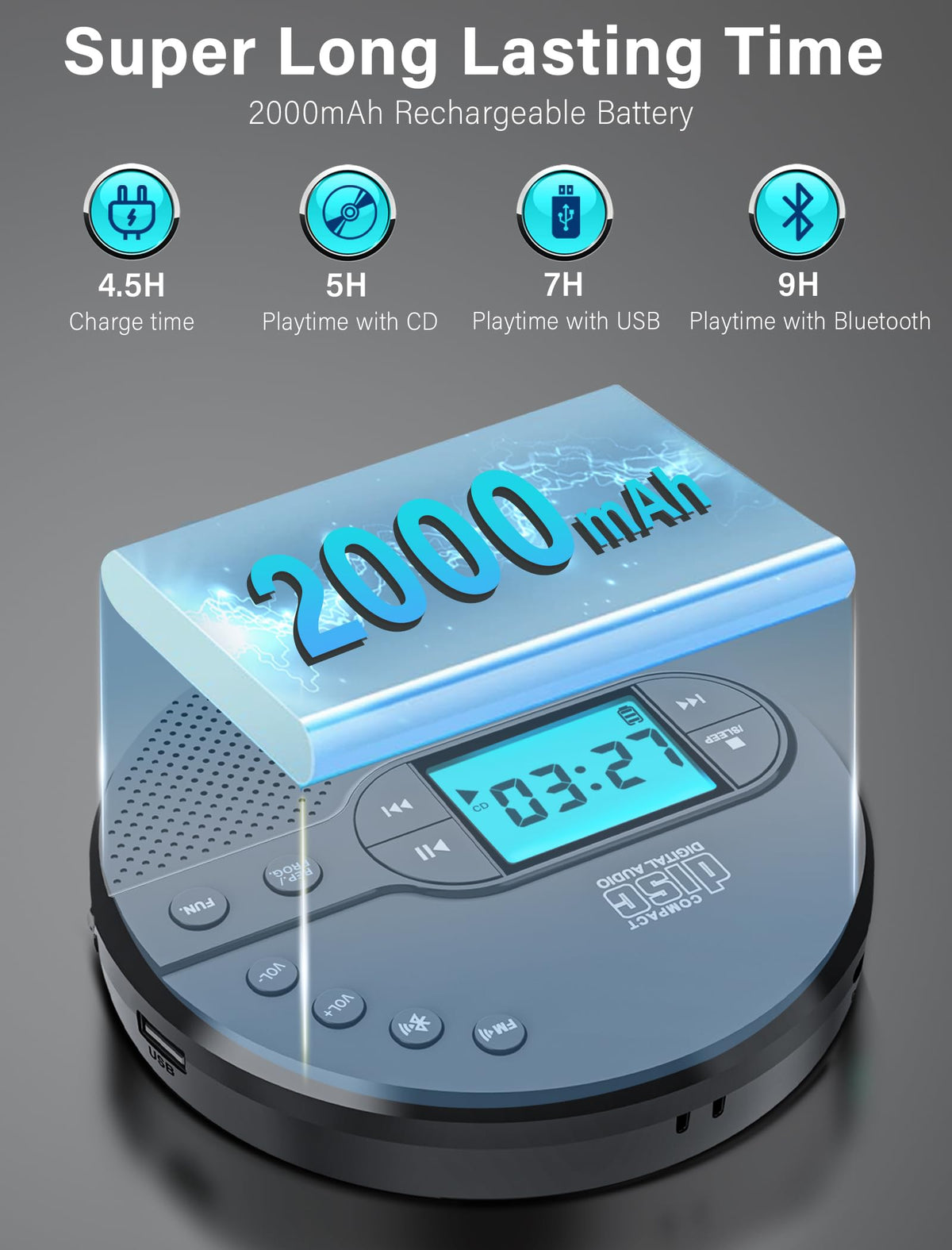 Portable CD Player with Bluetooth USB AUX FM X4296