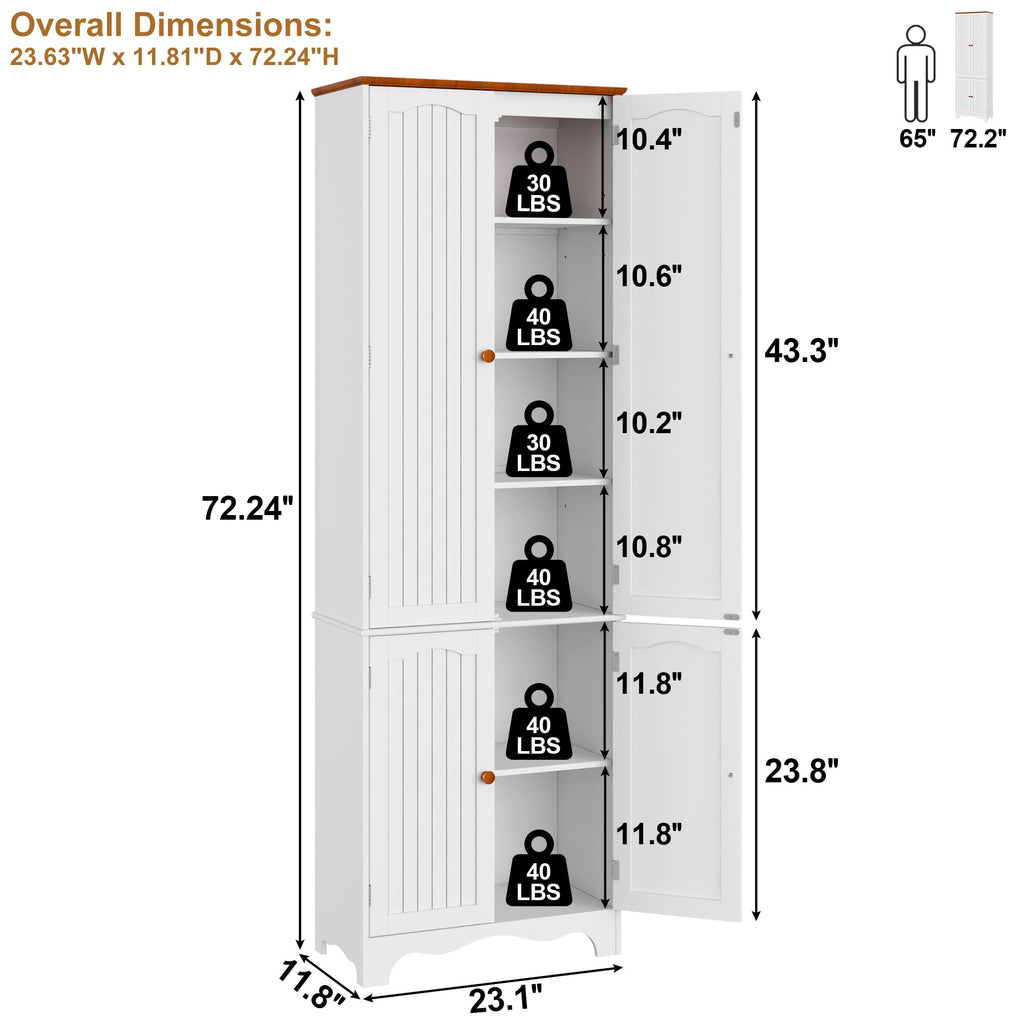 White 72" Kitchen Pantry Cabinet with Doors and Adjustable Shelves S88298