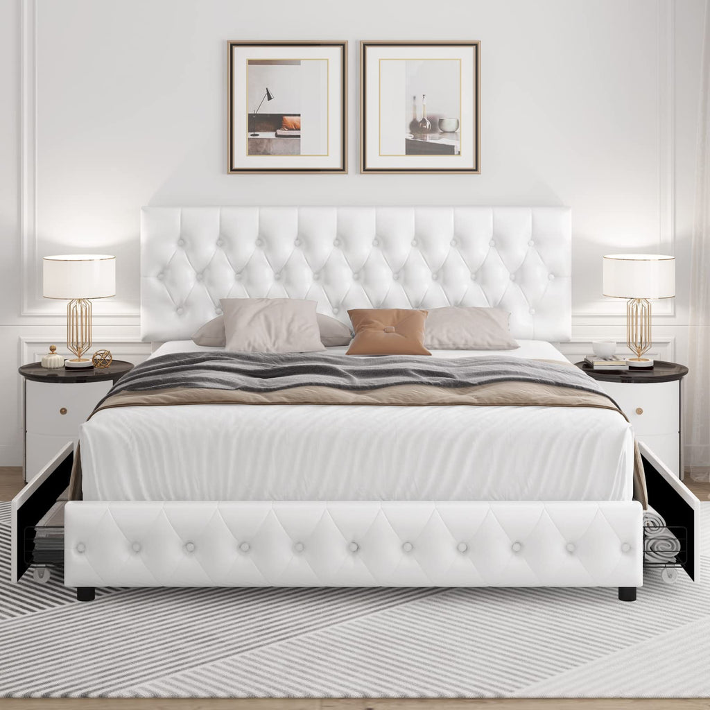 Full Size White Faux Leather Upholstered Platform Bed Frame with 4 Storage Drawers S2343