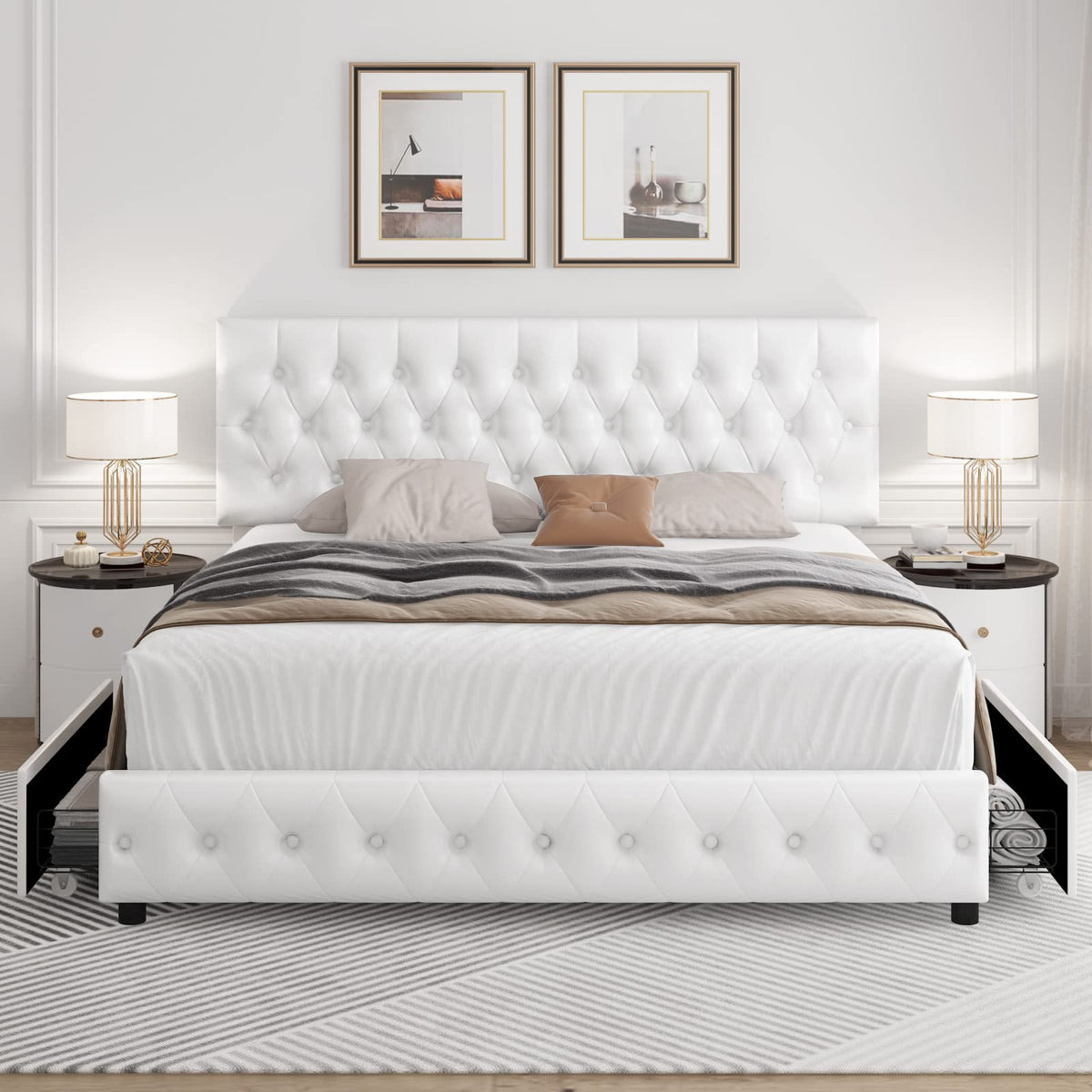 Full Size White Faux Leather Upholstered Platform Bed Frame with 4 Storage Drawers S2343
