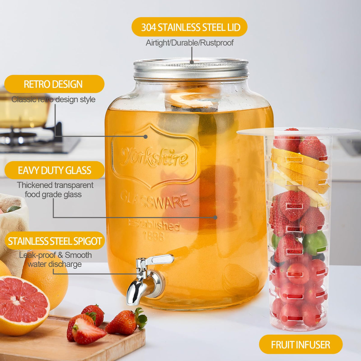 2 Gallon Glass Beverage Dispenser with Stand & Fruit Infuser G912187