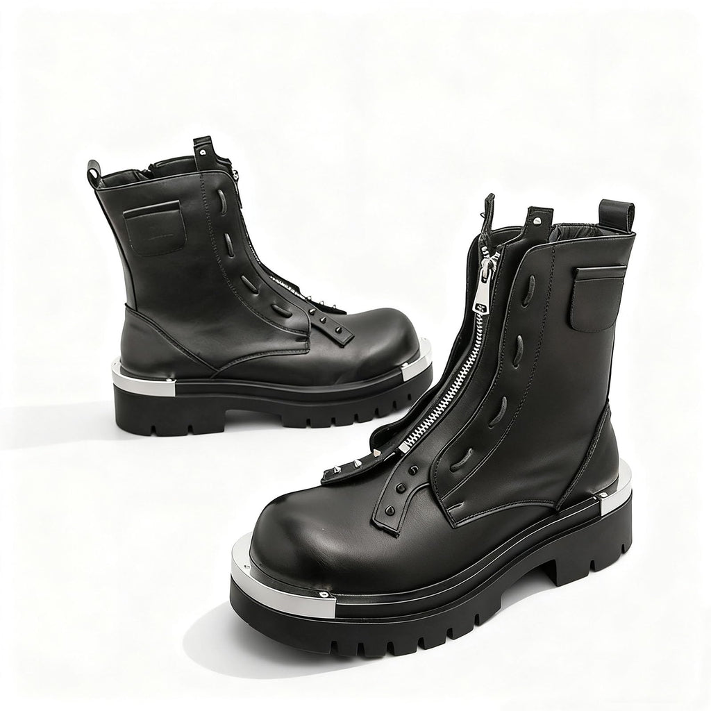 Men'S Leather Chunky Heel Motorcycle Boots With Front Zipper Round Toe Non-Slip Lug Sole Platform Ankle Boots E9569