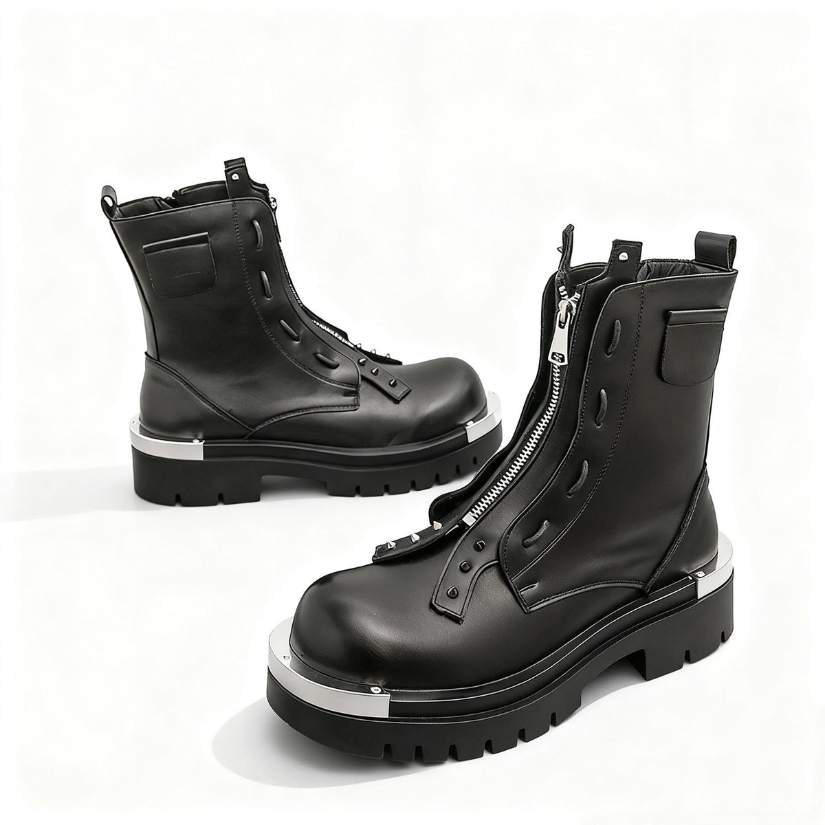Men'S Leather Chunky Heel Motorcycle Boots With Front Zipper Round Toe Non-Slip Lug Sole Platform Ankle Boots E9569