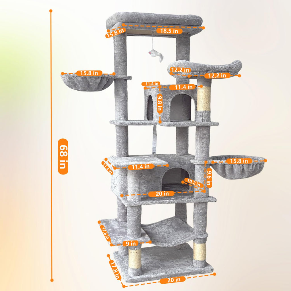 68 Inches Tall Multi-Level Cat Tree with Hammock and Light Gray T928