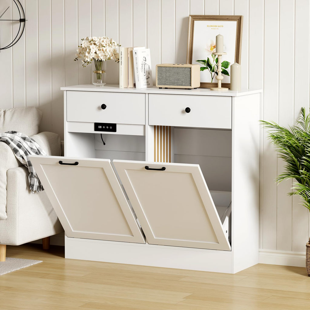 White 20 Gallons Wooden Tilt Out Trash Can Cabinet with 2 Drawers J3654