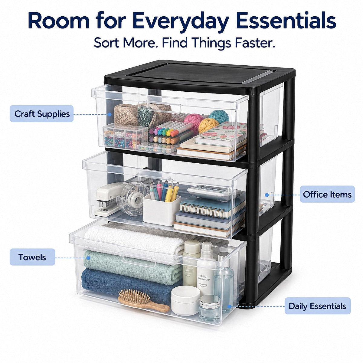 Black 3 Drawer Plastic Storage Tower with Clear Bins N26083