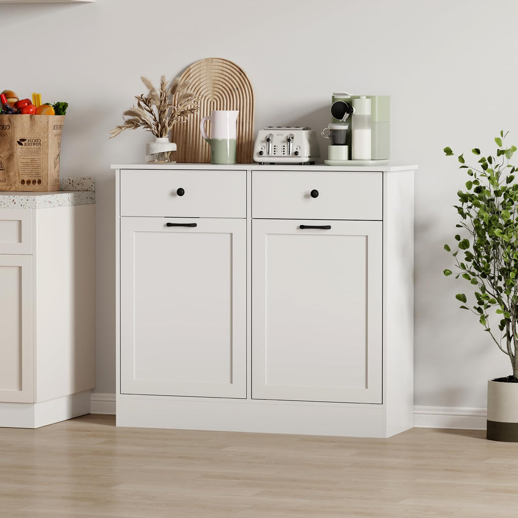 White 20 Gallons Wooden Tilt Out Trash Can Cabinet with 2 Drawers J3654