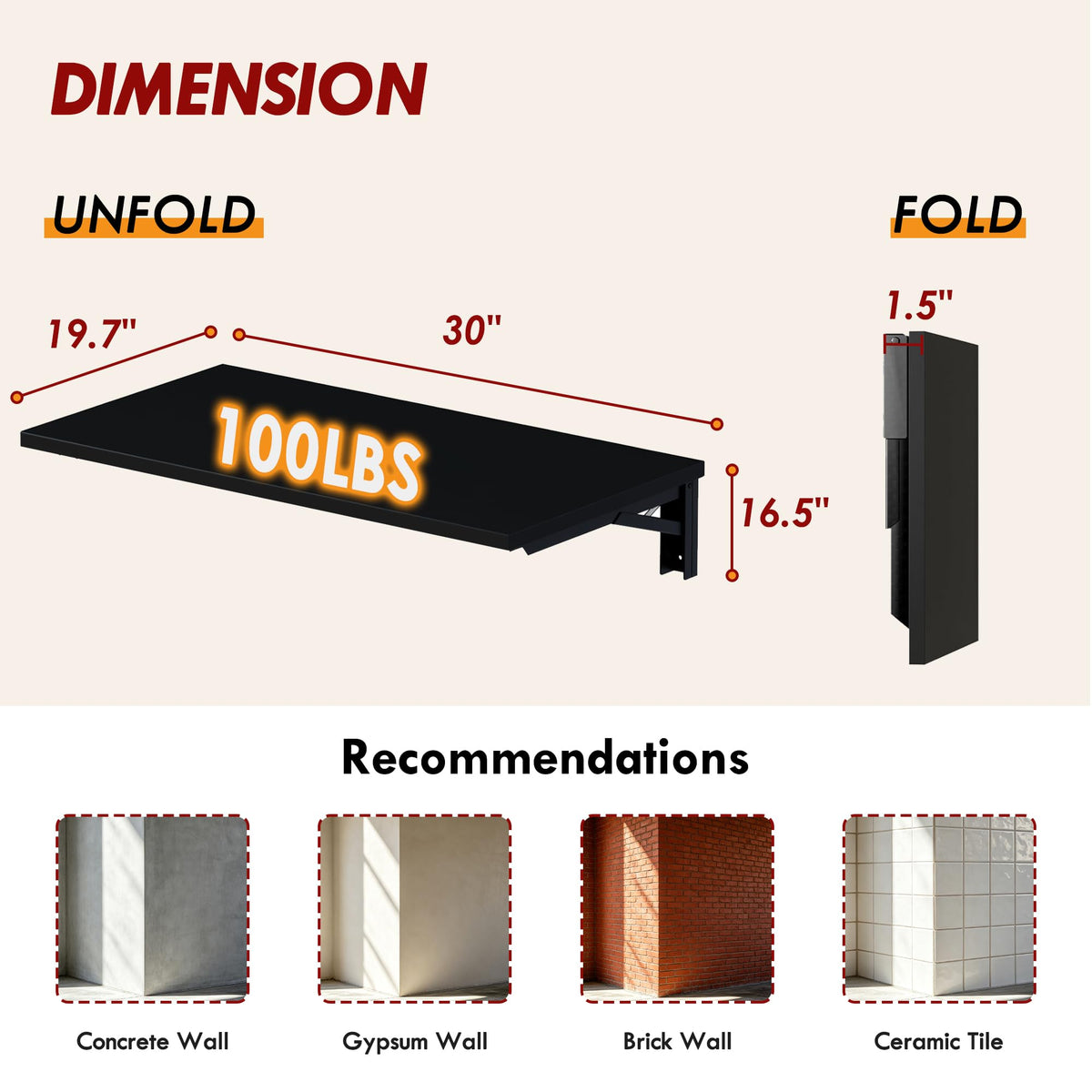 Wall Mounted Folding Table 30x20IN Black M30498