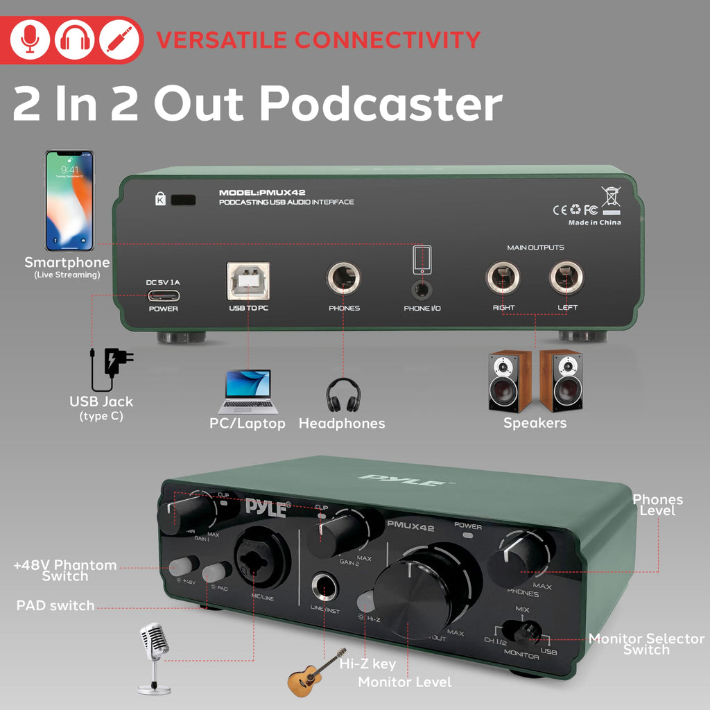 USB Audio Interface 2 Inputs 2 Outputs 48V Phantom Power Metal X3720