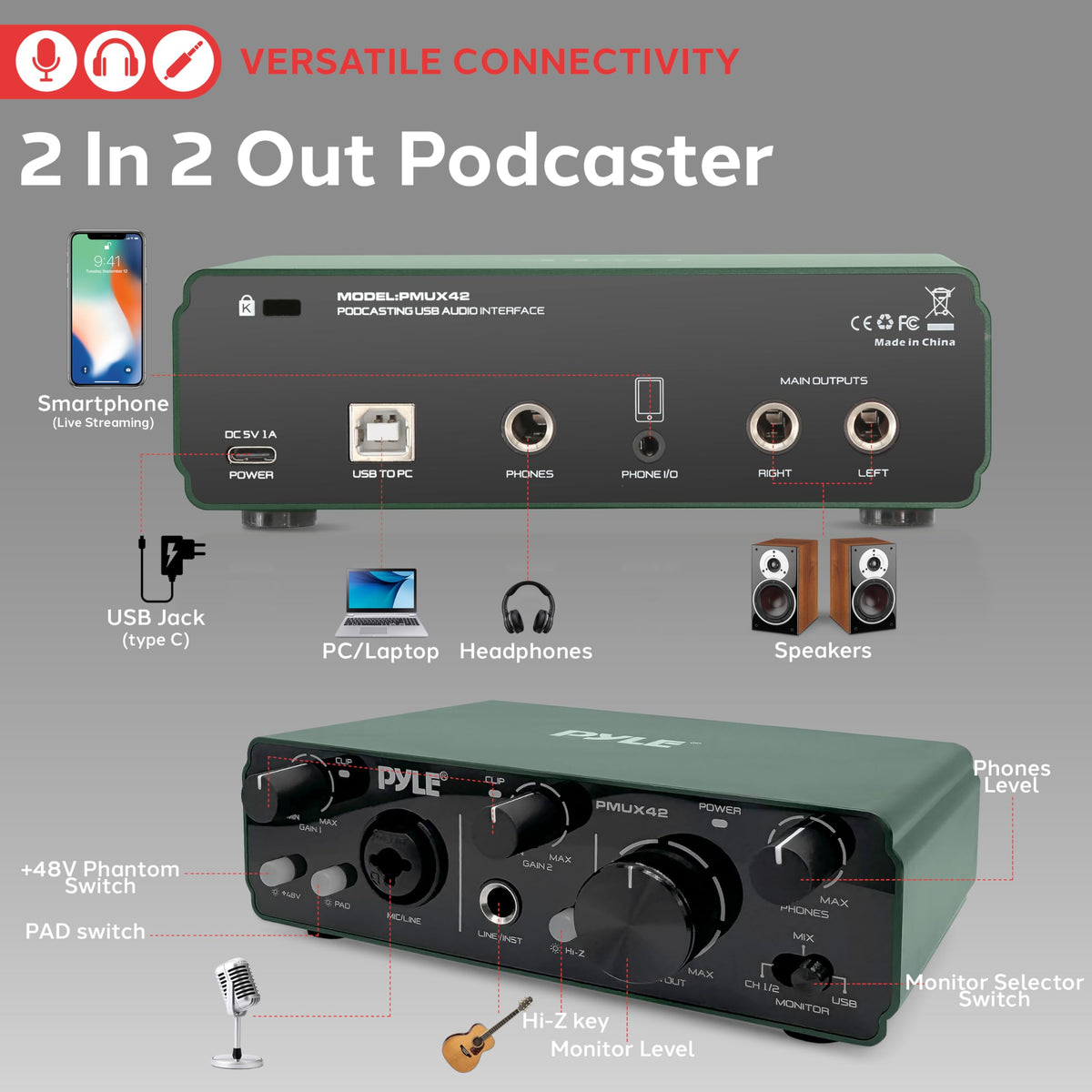 USB Audio Interface 2 Inputs 2 Outputs 48V Phantom Power Metal X3720