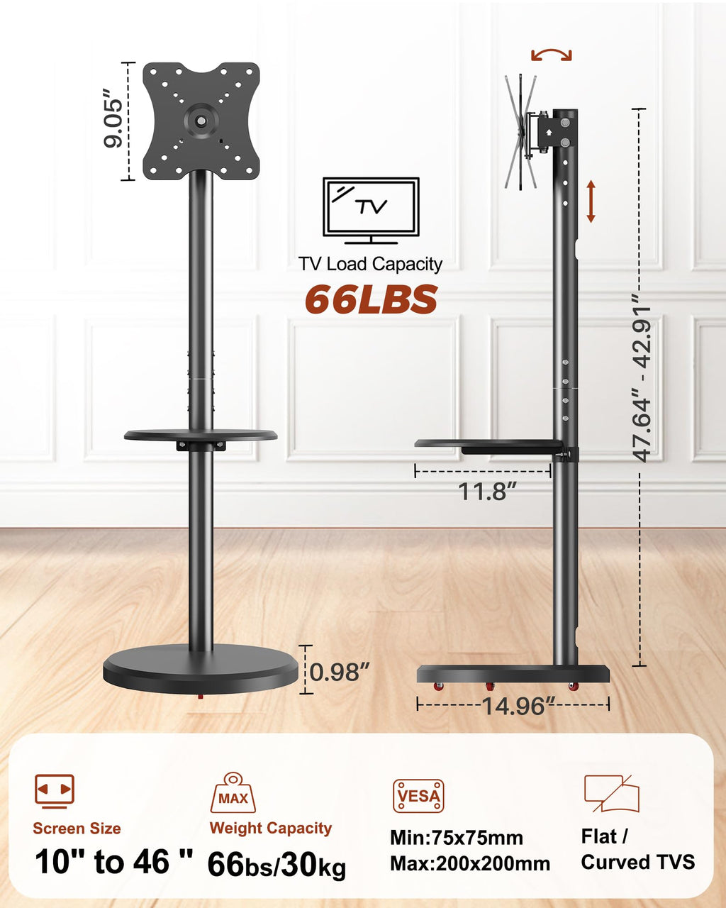 Rolling TV Stand with Shelf and Hidden Wheels D9077