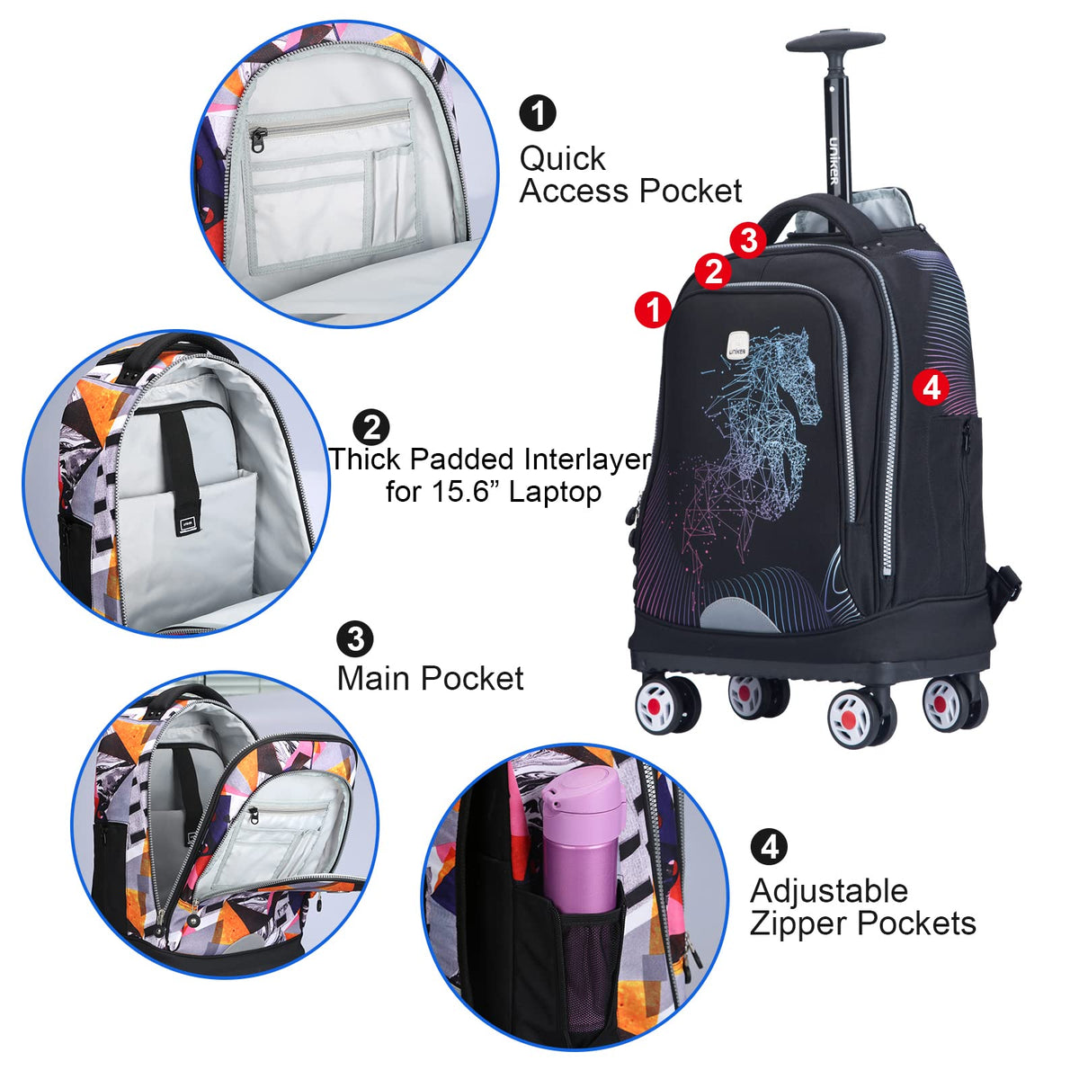 Rolling Backpack with Wheels Fits 15.6 Inch Z492