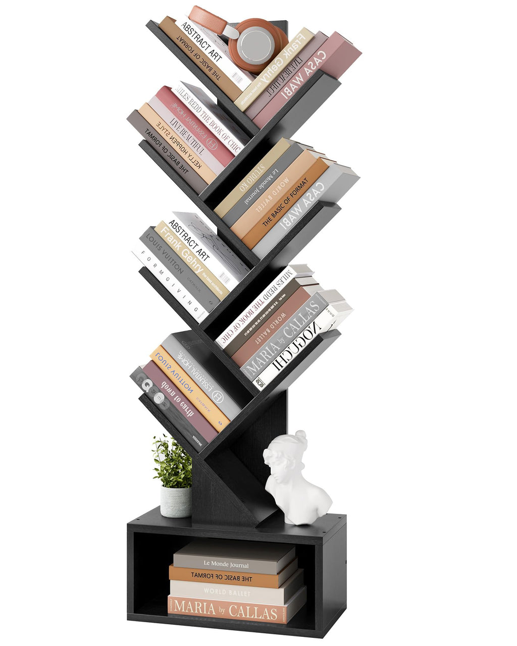 Black 6 Tier Wood Tree Bookshelf with Drawer A96024