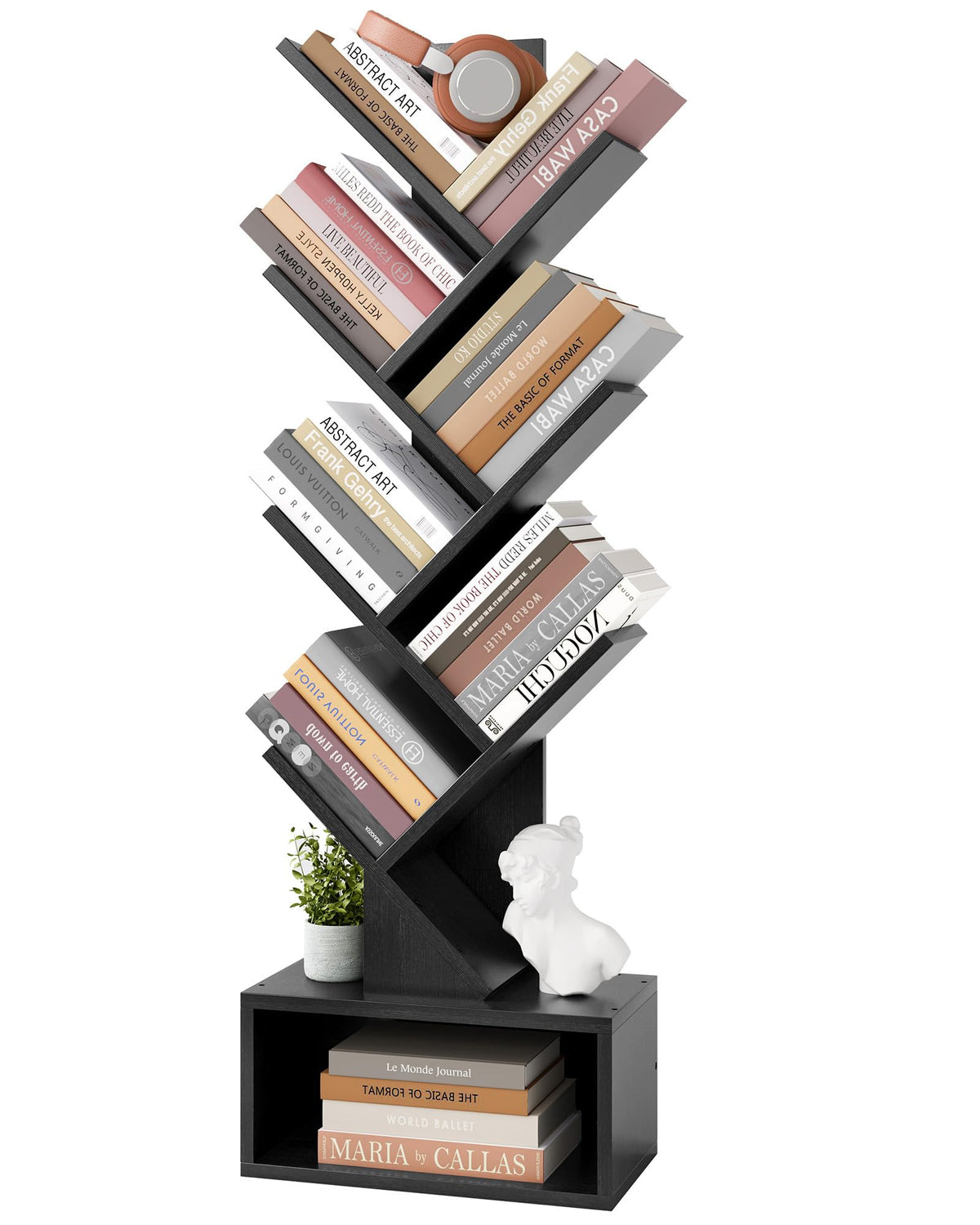 Black 6 Tier Wood Tree Bookshelf with Drawer A96024