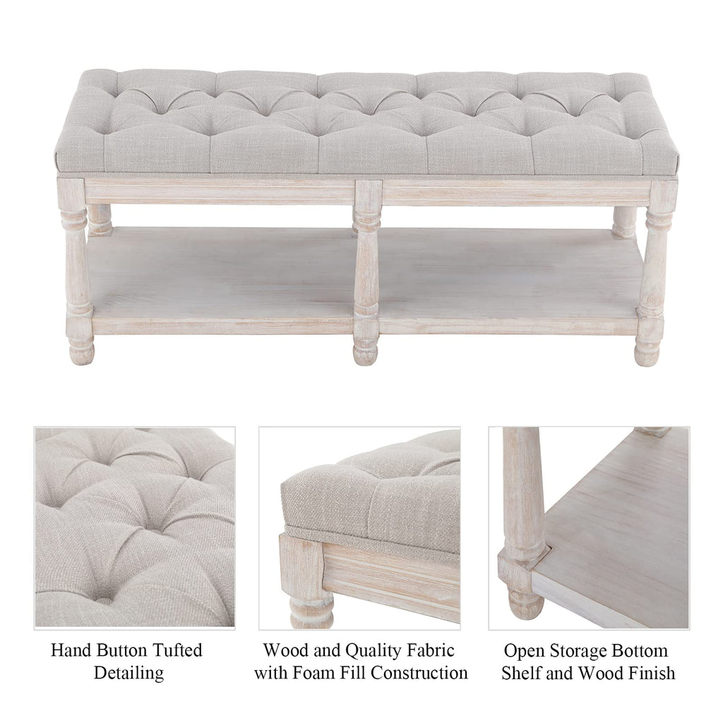 Beige Linen Upholstered Tufted Storage Bench with Shelf Z5530